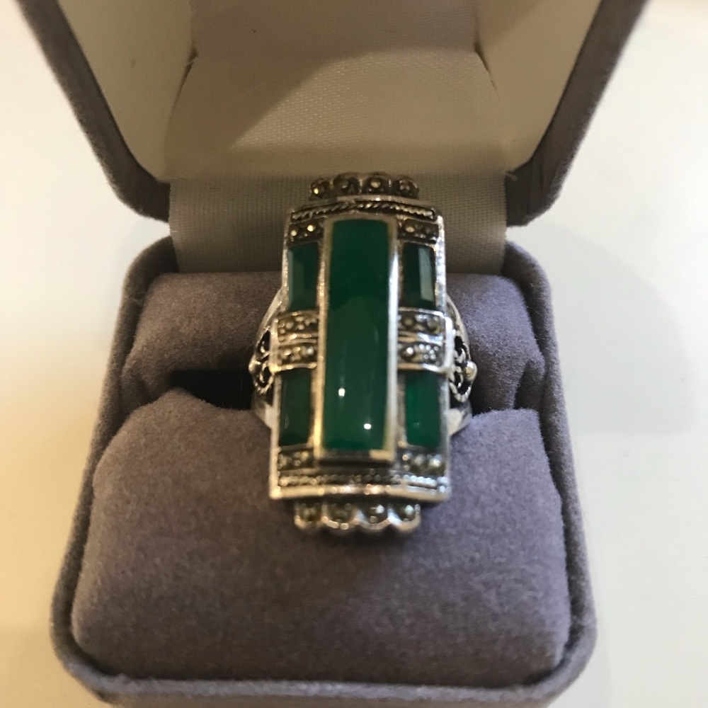 Womens Vintage Marcasite and Jade or Malachite Sterling Silver Ring